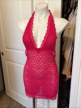 Victoria's Secret Hot Pink Lace Halter Chemise